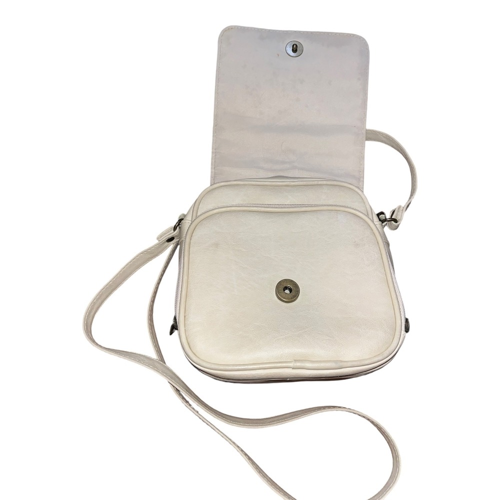 Vintage Cream Vinyl Crossbody Bag Multi Pocket Organizer‎ Shoulder Bag Off White - Picture 3 of 6